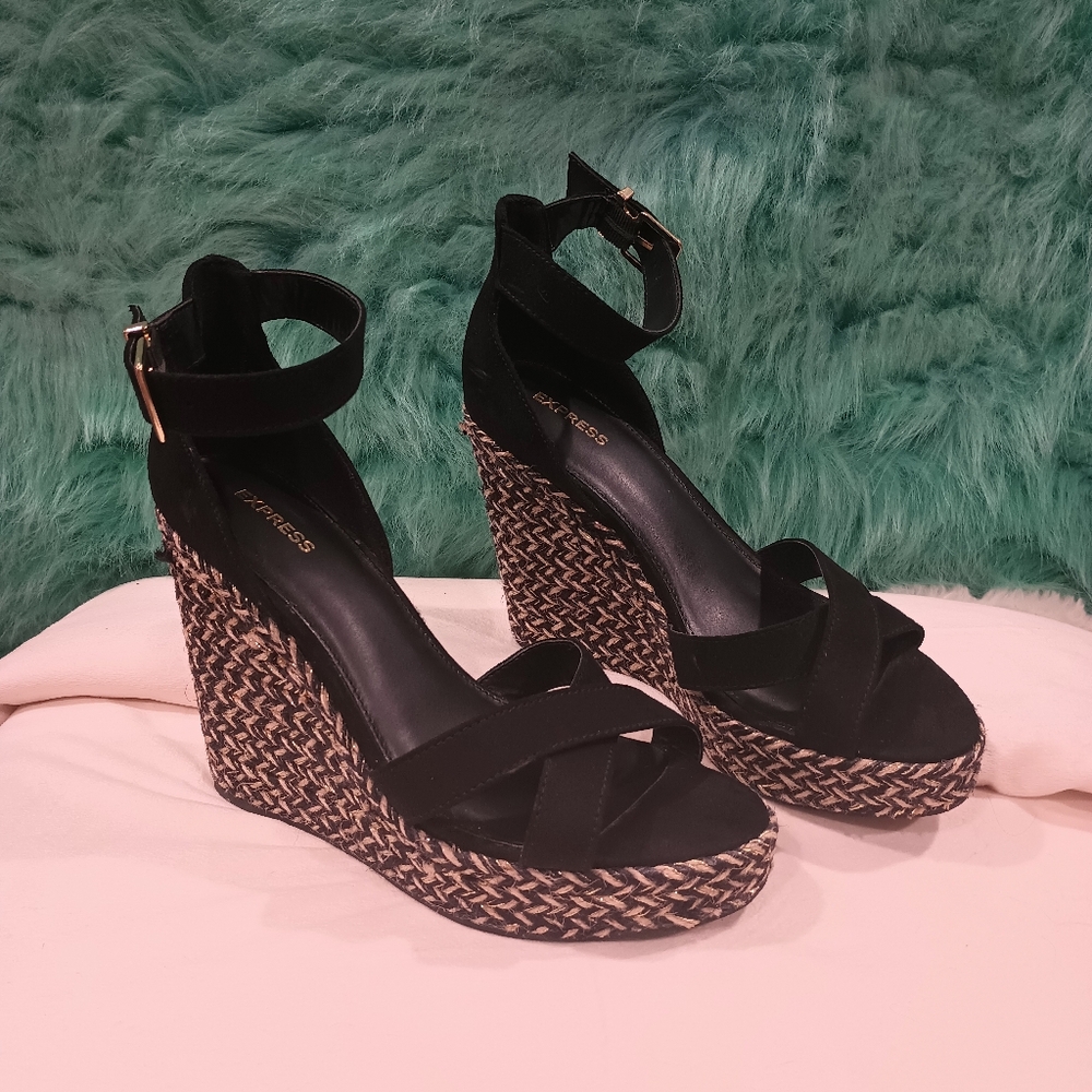 Express Espadrille Black and Tan Open Toe Ankle Strap High Wedge Sandals Size 9